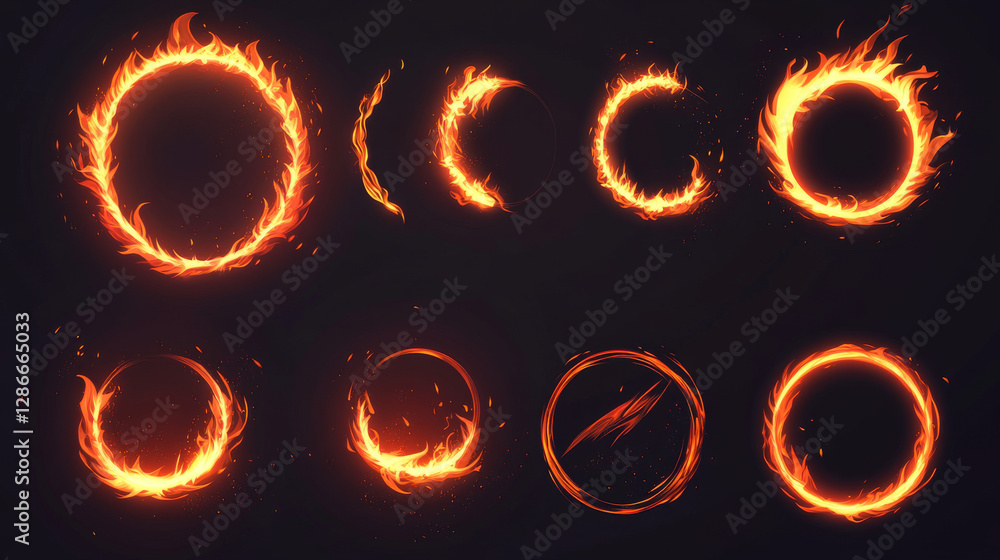 Poster fire circle portal with flame and sparkles loading progress steps. realistic vector illustration set