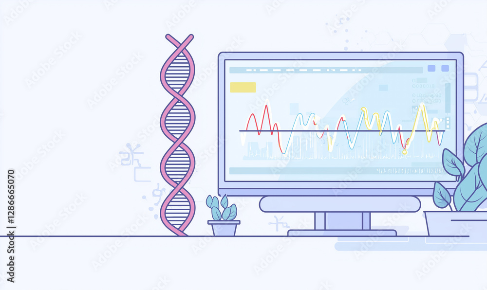 Aufkleber digital illustration of a computer displaying dna data analysis, accompanied by a dna helix and a po