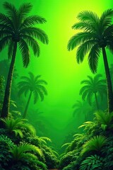 Dense foliage of palm trees and ferns against a bright green background, jungle, foliage