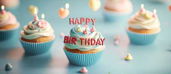 Festive Birthday Cupcakes: Delicious cupcakes adorned with creamy frosting, candles, and heartwarming "Happy Birthday" message float within a charming arrangement