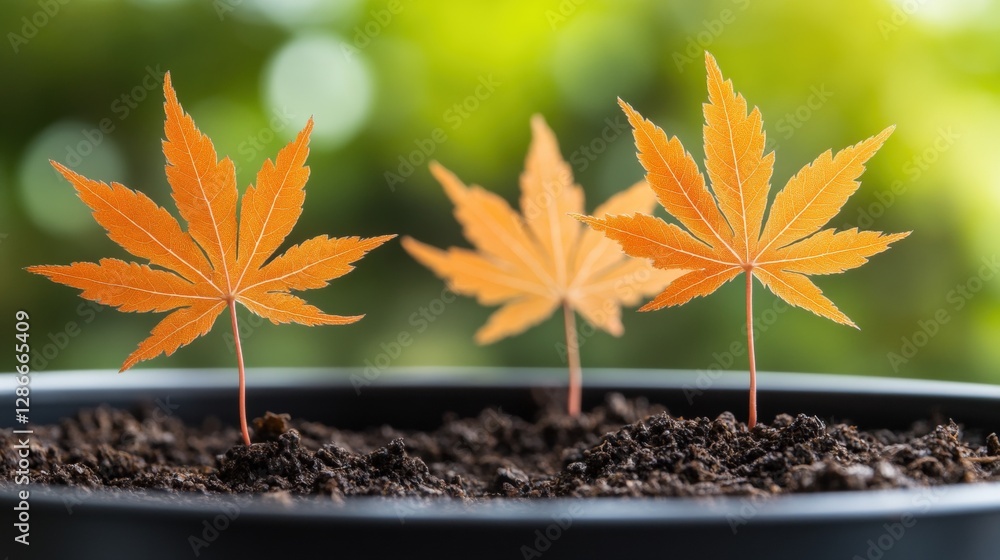 Aufkleber two small orange maple leaves in a pot with additional leaves on the ground and a bokeh background