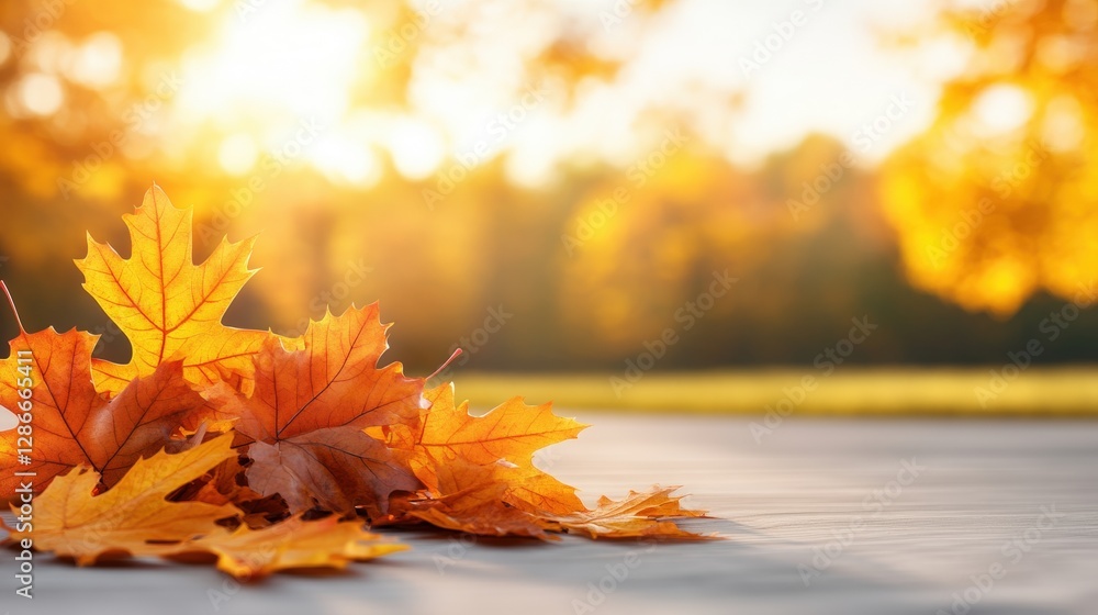 Poster orange maple leaves on the ground with blurred bokeh background in a natural setting