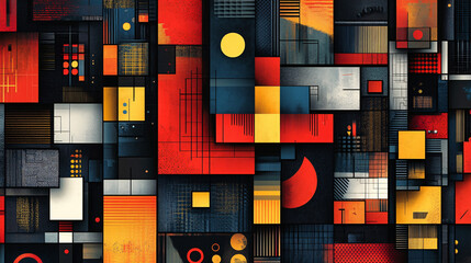 Colorful geometric poster with square shapes, each filled with unique symbols, gradients, and artistic textures