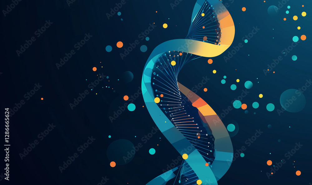 Aufkleber abstract digital representation of a dna helix with vibrant colors and particles on a dark backgroun