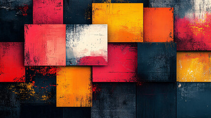 Eye-catching geometric poster with multicolored squares, each filled with artistic brush strokes, patterns, or futuristic elements