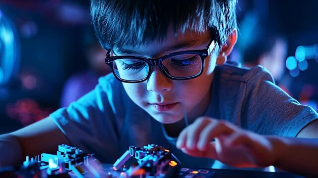 Boy with glasses building robot model in a brightly lit room