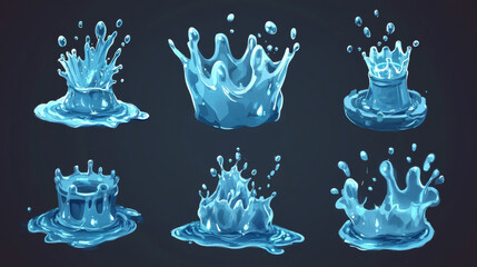 Water splash, vfx game cartoon video effects set. 2d liquid drops, crowns, flow and falling swirls isolated design elements. Blue water spray motion, spatter blast, drip or ripple, Vector illustration