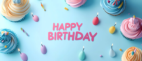 Cupcake Birthday: A delightful spread of cupcakes with lit candles on a pastel blue background, with "HAPPY BIRTHDAY" text in the center, making it ideal for celebrations, parties.