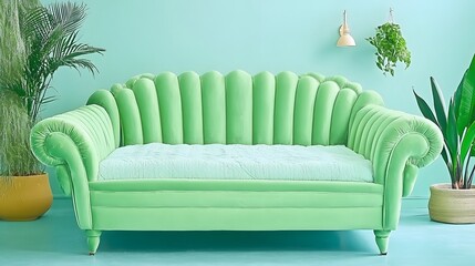 Modern Green Sofa with Elegant Curved Design in a Stylish Interior Setting with Plants