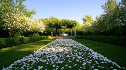 Garden Wedding Venue with Flower Petals and Greenery for Celebrations