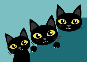 Set of black cats looking out of the corner. Collection of cat faces that spy on you. Playing pets. Tattoo