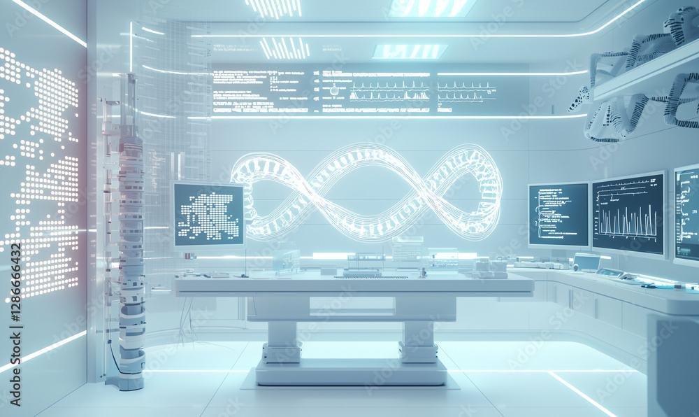 Poster futuristic laboratory with glowing screens, data displays, and a central table, creating a high-tech