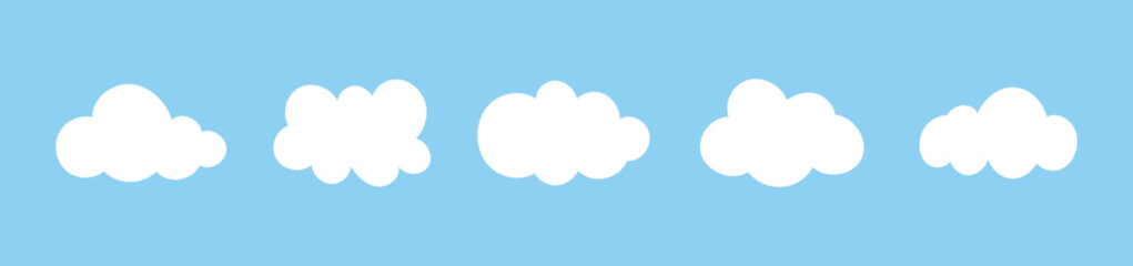 Clouds in blue sky. Puffy, fluffy, cumulus clouds on blue background. Cloudy shapes mockup. Weather simple elements template. Objects cloudscape layout. Hand drawn abstract icons.