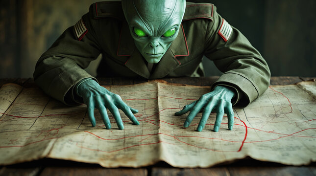 Alien in military attire studies a map with glowing eyes in a dimly lit room