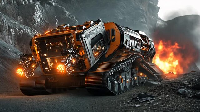A futuristic, glowing crawler vehicle, exploring a rocky terrain with fiery elements.