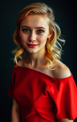 Fototapeta premium Glamorous blonde woman with captivating blue eyes wearing an off-shoulder red dress in a studio setting