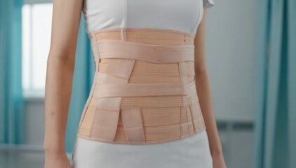 Close-up of a woman with an orthopedic corset for back support.