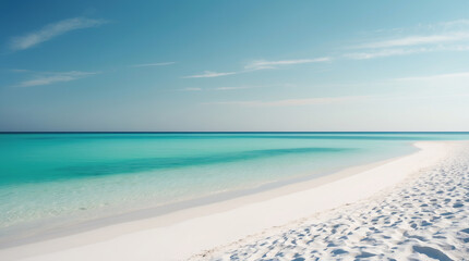 Obraz premium Crystal clear turquoise water meets pristine white sand on a tranquil beach under a blue sky