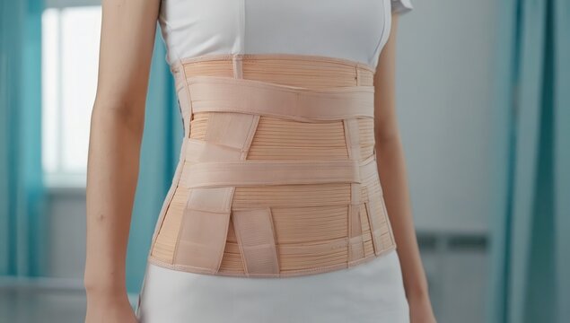 Close-up of a woman with an orthopedic corset for back support.