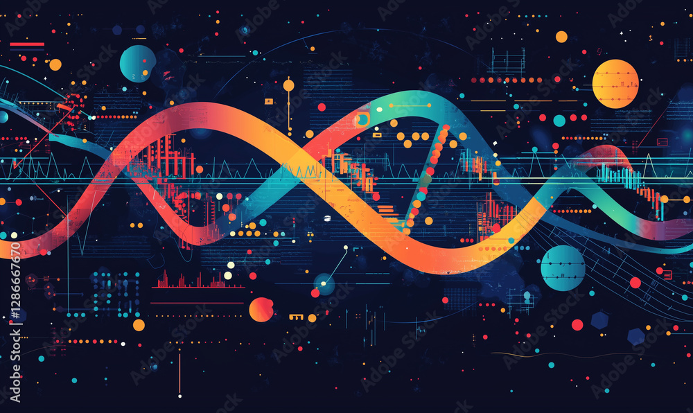 Aufkleber abstract digital design featuring colorful waves, graphs, and celestial elements against a dark back