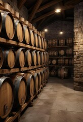 Wine cellar interior with oak barrels aging wine and whiskey, cellar, aging, interior, storage, oak