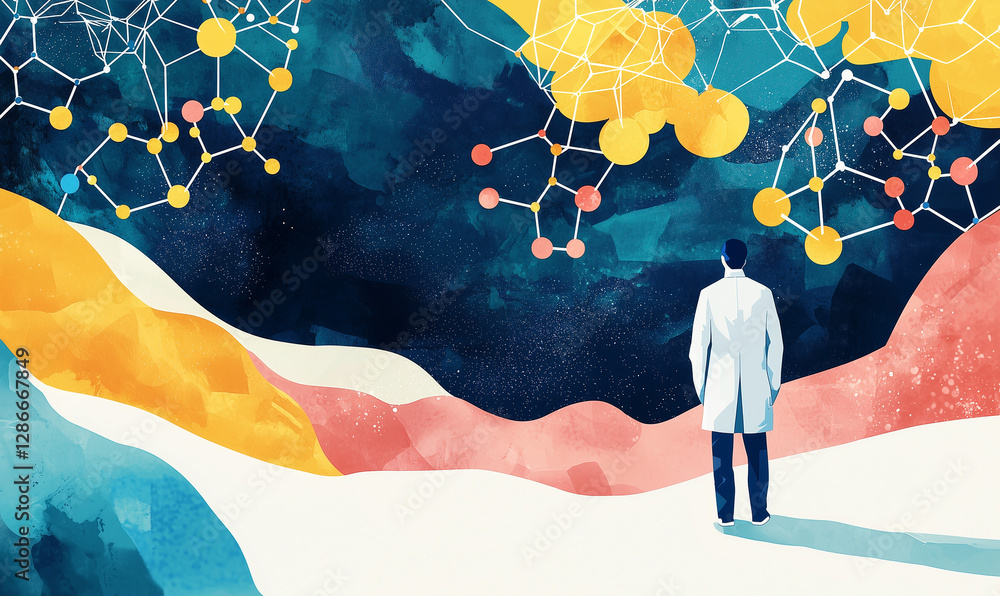 Poster a scientist stands against a colorful abstract background, exploring molecular structures in a vibra