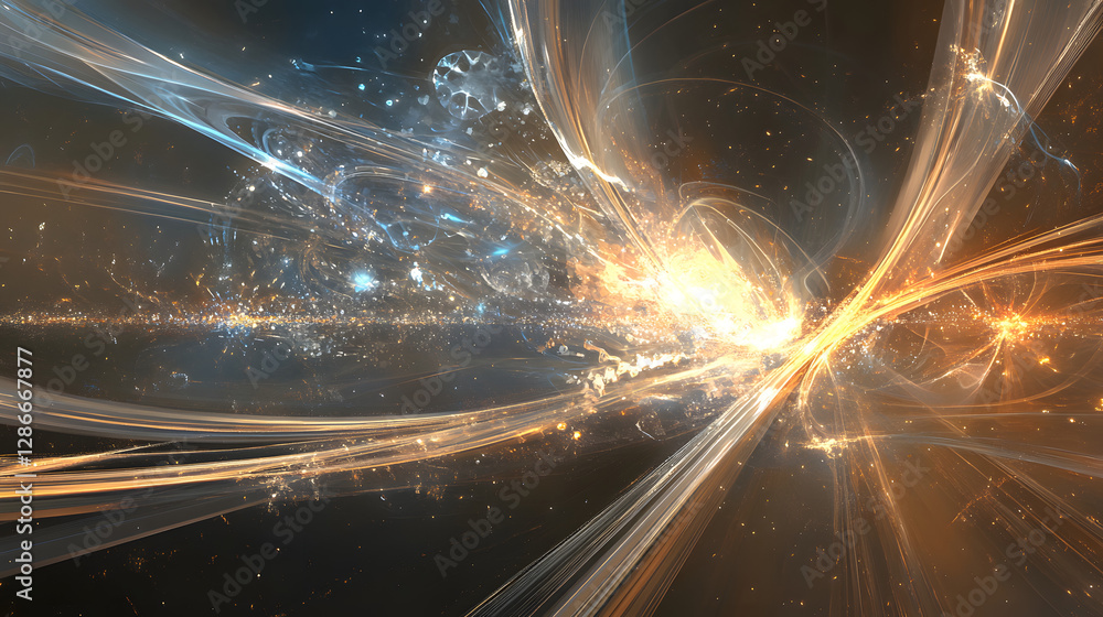 Poster computer generated image featuring glowing light effects and abstract floral elements in a dark back