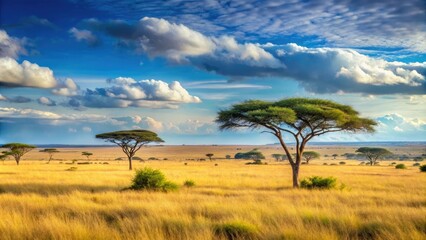 Fototapeta premium Wide savanna landscape with acacia trees and grasslands in the background, earthy tones, sun-drenched terrain, expansive views