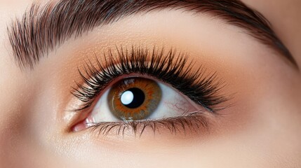 Obraz premium Close-up view of a womans eye highlighting long eyelashes and detailed iris pattern in high fidelity