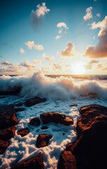 Fototapeta premium Dramatic ocean waves crashing against rocky shore as the golden sunset illuminates the water spray