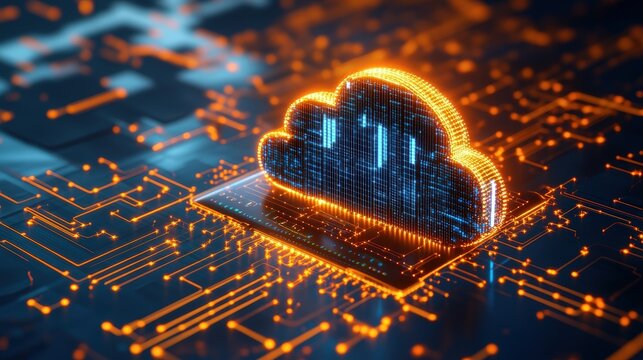 Cloud computing device on a circuit board representing digital information and data center technology