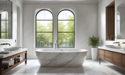 Fototapeta premium White marble bathtub and matching sink in an elegant bathroom with a big window providing ample natural light, window, sophistication