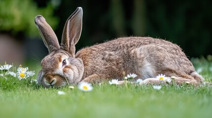 Fototapeta premium Rabbit Relaxing on Green Grass with White Daisies in Natural Setting