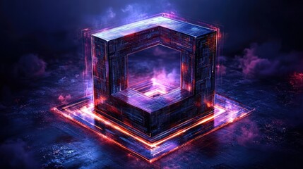 Cube with glowing light representing cloud computing and big data transfer on internet technology concept