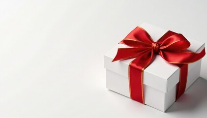 Obraz premium White gift box wrapped in a large red ribbon with golden trim, gift boxes, white, wrapping