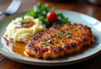 Wiener schnitzel on a plate with mashed potatoes and fresh greens, delicious and appetizing.