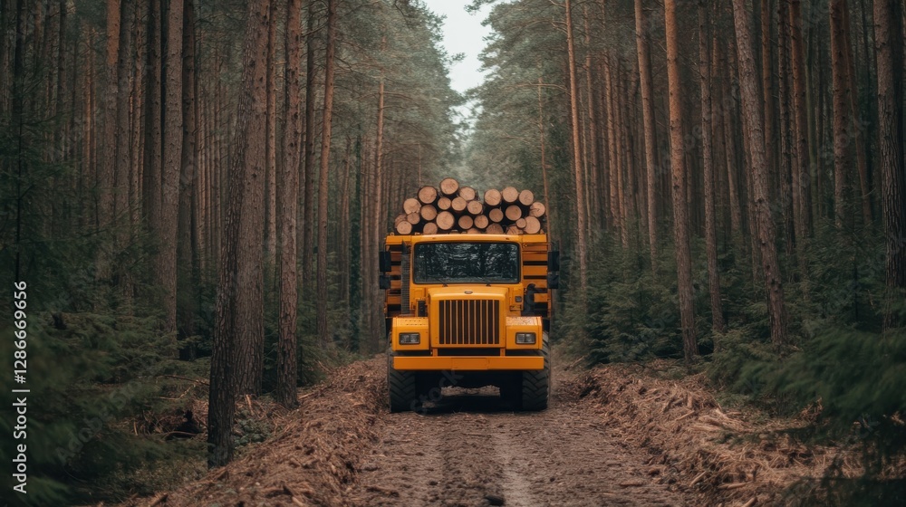 Poster yellow logging truck transporting timber through dense forest path surrounded by tall pines