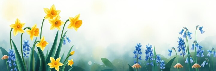 Obraz premium whimsical watercolor daffodils and bluebells in a dreamy landscape, nature scenery, bluebells, floral motifs