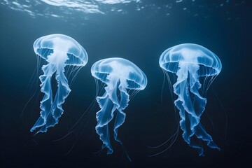 A few glowing jellyfish drifting in a dark ocean with a soft gradient, giving a dreamlike feel