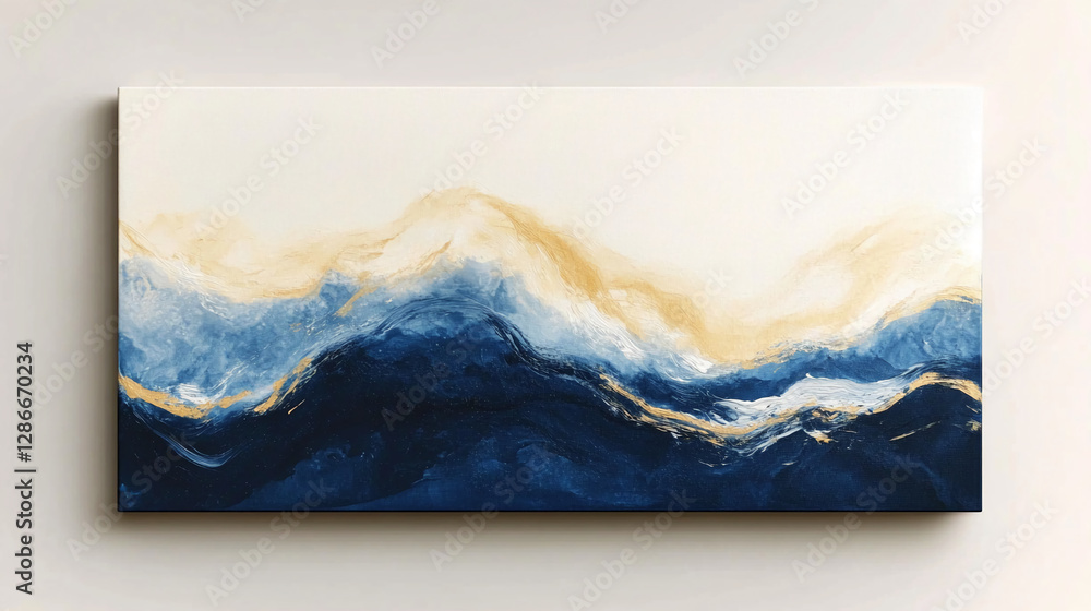 Poster a beautiful abstract painting with waves in shades of blue, gold, and white, creating a dynamic and 