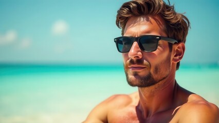 Handsome man in sunglasses on the beach in summer.