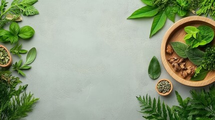 Fresh herbs on gray background for skincare routine tips in beauty industry social media content