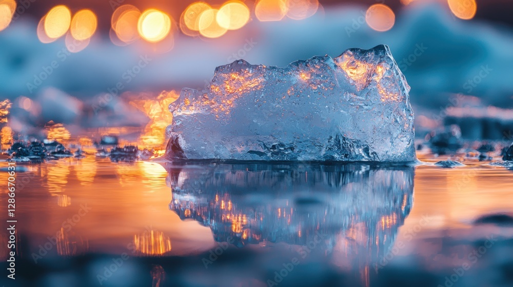Aufkleber ice block reflecting golden light in water with bokeh background