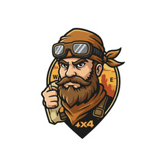 Adventurous Off-Road Explorer Cartoon With Bearded Man and 4x4 Adventure Motif