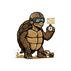 Cartoon Tortoise in Racing Gear Holding Compass and Miniature Vehicle