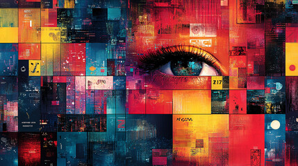 Eye-catching poster with a grid of colorful squares, each containing futuristic icons, typography, or artistic designs