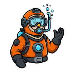 Cartoon Illustration of a Diver Penguin in an Orange Suit Waving Hello