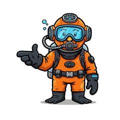 Cartoon Scuba Diver in Orange Suit Pointing Underwater Illustration