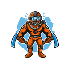 Cartoon Style Deep Sea Diver with Dual Pickaxes and Orange Suit