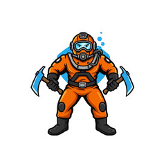Cartoon Diver in Orange Suit Holding Tools with Underwater Theme